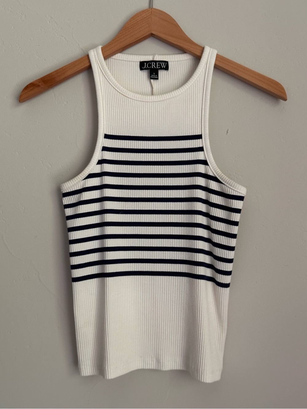 J. Crew White Ribbed Tank with Navy Stripes — High Neck